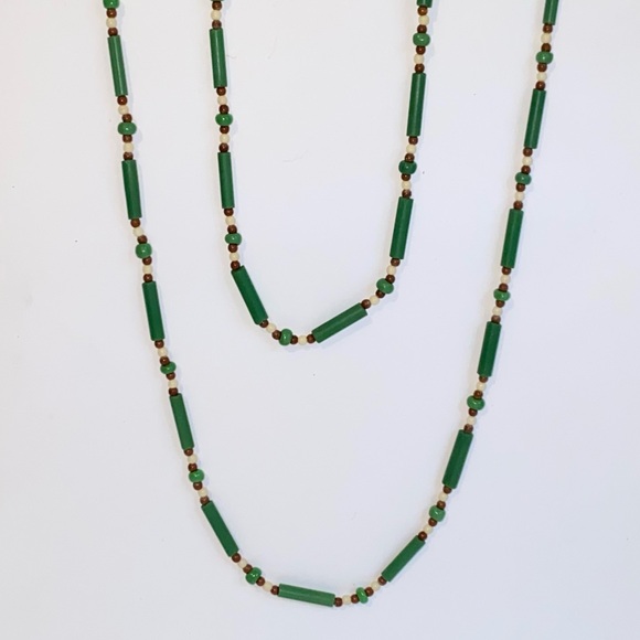 Vintage Green Tubular Beaded 24" Necklace Green Brown & Cream Beads - Picture 1 of 7